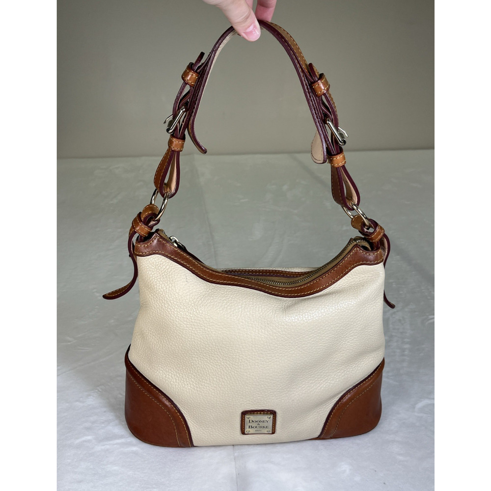 Dooney Bourke Tan Pebbled Leather Drawstring Pocket Lock Bucket Shoulder Bag FS